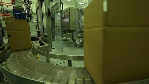 Box loader in busy factory bottling warehouse on conveyor A Stock Footage 124217215