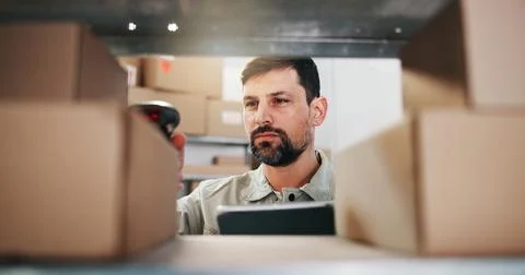 Box, logistics and man with barcode scanner for stock, storage check or dis.. Stock Photos