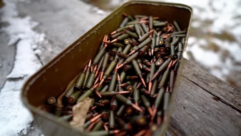 A box of machine gun cartridges close-up Stock Footage 288825587