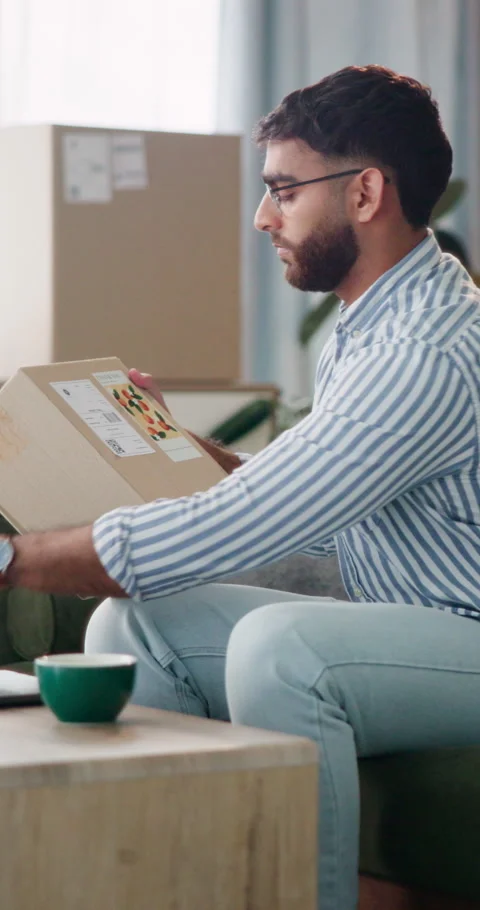 Box, man and barcode scanner for home business logistics, delivery or label Stock Footage 337222828