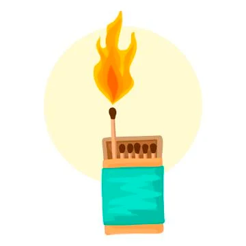 A box of matches, a burning match. The fire. Stock Illustration