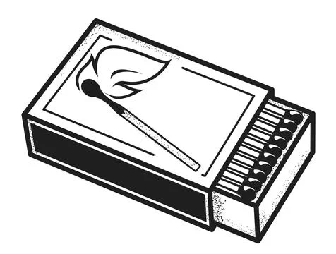 Box of matches, open full matchbox with burnt match on cover, vector Stock Illustration
