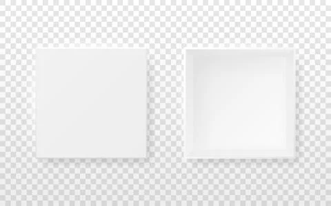 Box mockup top view. White square package with closed and open views on tra.. Stock-Illustration
