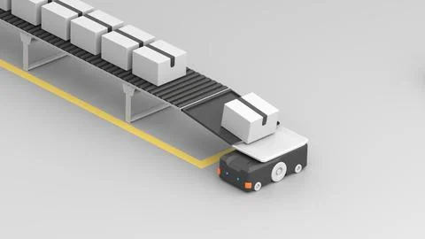Box moving from a conveyor through a transfer mechanism to an AGV 스톡 일러스트
