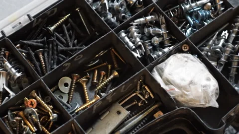 A box with multiple different screws and instruments Stock Footage 145170125