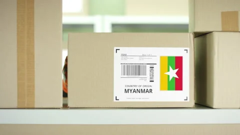 A box from Myanmar on the shelf Stock Footage 146400828