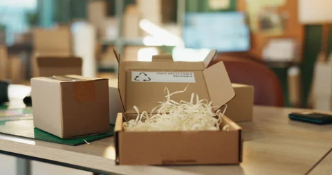 Box, open and warehouse with parcel for gift or delivery of product with packing Stock Footage 274399391