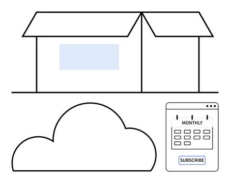 Box with an open lid, cloud graphic, monthly subscription interface with Subs Stock Illustration