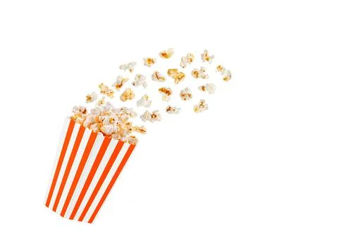 Box orange with popcorn in flight on a white transparent background Stock Photos