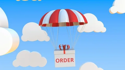 Box with ORDER falls with a parachute. Loopable conceptual 3D animation Stock Footage 123298647