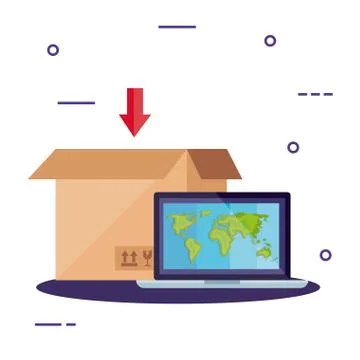 Box package and laptop with map 스톡 일러스트