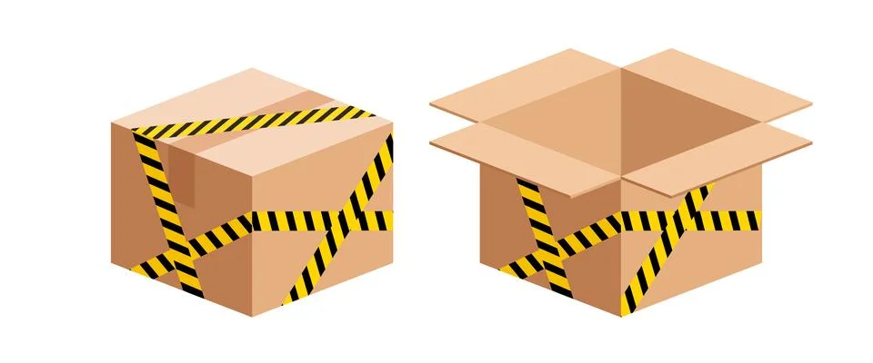 Box package, brown parcel boxes, sealed and open, with yellow-black tape. r.. Illustrazione stock