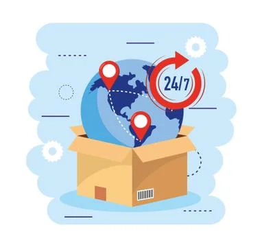 Box package with global map and transport service Stock Illustration