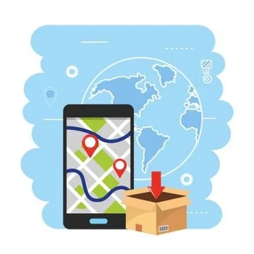Box package with smartphone gps map location Illustrazione stock