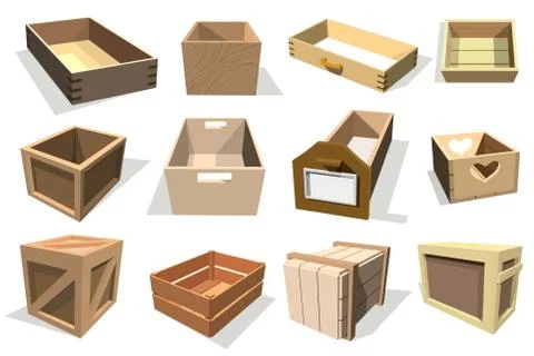 Box package vector wooden empty drawers and packed boxes or packaging crates Illustrazione stock