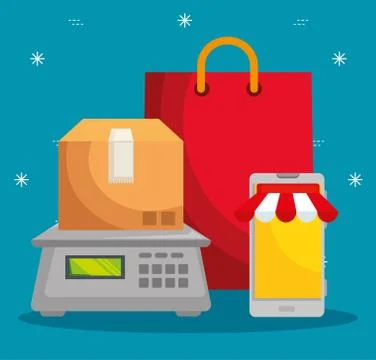 Box package in the weighing machine with bag and smartphone Stock Illustration