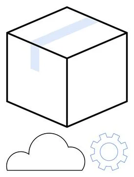 Box parcel with tape, cloud shape, and gear cogwheel suggest logistics, devel Illustrazione stock