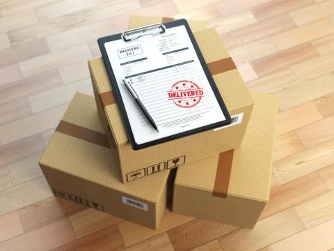 Box, pen, clipboard with receiving form and stamp delivered isolated on white Stock Illustration