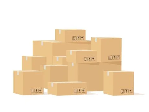 Box pile. Cardboard boxes different size with fragile signs, shipping goods Stock Illustration