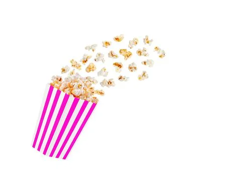 Box pink with popcorn in flight on a white transparent background Foto stock