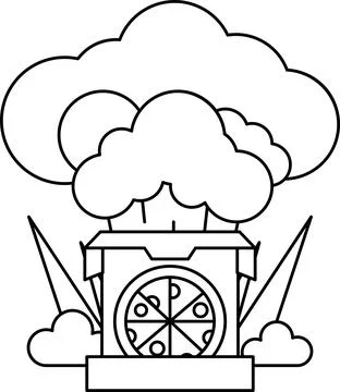 A box with a pizza inside is surrounded by clouds Stock Illustration