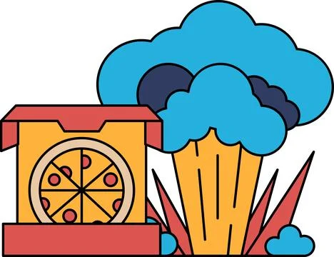 A box of pizza is sitting on a table next to a cloud of smoke Stock Illustration