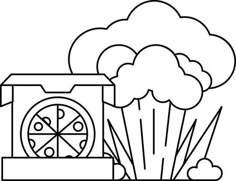 A box of pizza is sitting on a table next to a cloud of smoke Stock Illustration