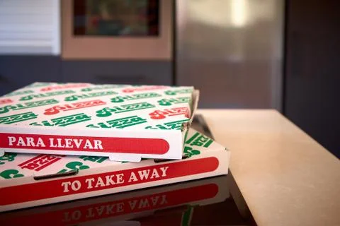 Box pizzas to take away selective focus fast food Stock Photos