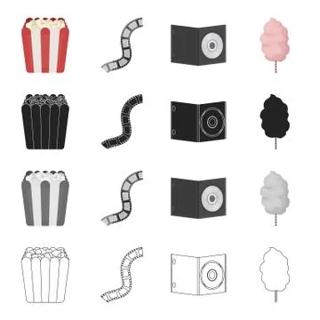 Box with popcorn, film, cd-disk, sweet cotton. Film and cinema set collection Stock Illustration