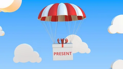 Box with PRESENT text falls with a parachute. Loopable conceptual 3D animation Stock Footage 123210359