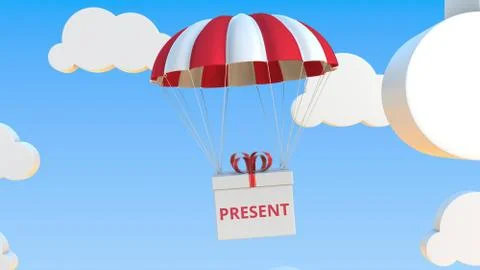 Box with PRESENT text falls with a parachute. Conceptual 3D rendering イラスト素材