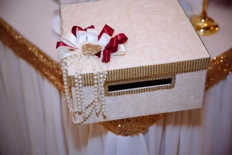 Box for presents. table decoration in wedding day Stock Photos