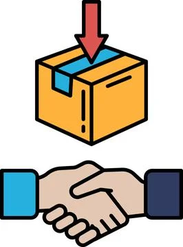 A box with a red arrow pointing down is being opened by two people shaking .. Stock Illustration