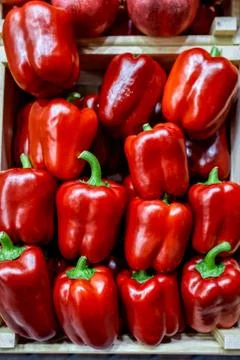 Box with red bell pepper. view from above. concept market, gastronomy Fotos Stock