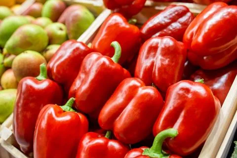 Box with red bell pepper. view from above. concept market, gastronomy Fotos Stock