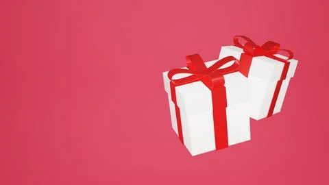 Box with red ribbon bow isolated on red background. 3d render flying modern h Illustrazione stock