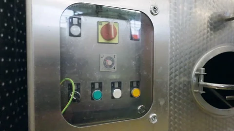 Box with regulating buttons and indicators on steel tank for wine fermentation Stock-Footage 296760396