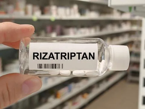 Box of RIZATRIPTAN tablets on a hospital pharmacy table used to treat migraine Stock Illustration