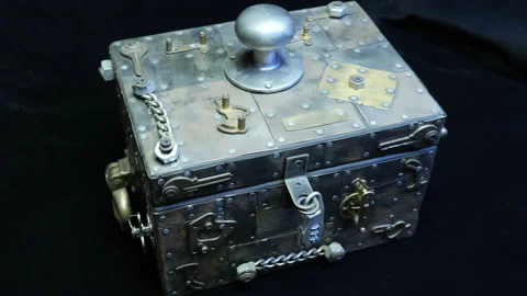 Box (safe) with metal trim and padlock for storing valuables on black background Stock Footage 121600943