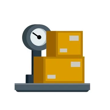 Box is on scale. Weighing of cargo and parcels. Logistics and delivery Illustrazione stock