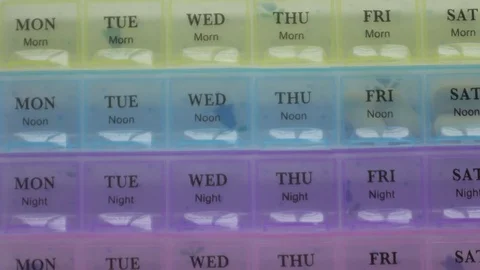 Box for the schedule of taking medications. A man's hand takes a pill. Stock Footage 84737807