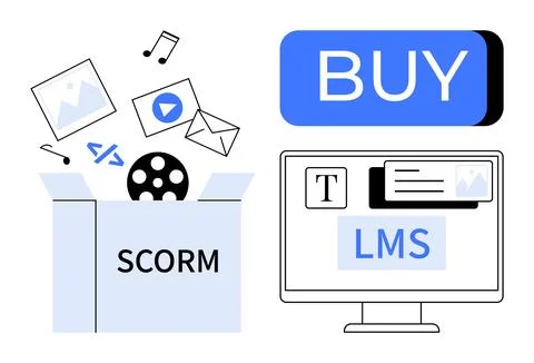 Box with SCORM content elements, multimedia icons, computer with LMS interfac Stock Illustration