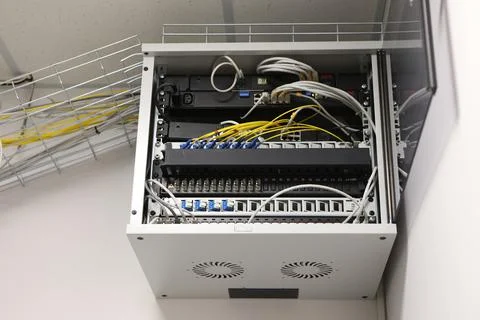 Box server, connection, communicator. New room for computer servers. Stock Photos