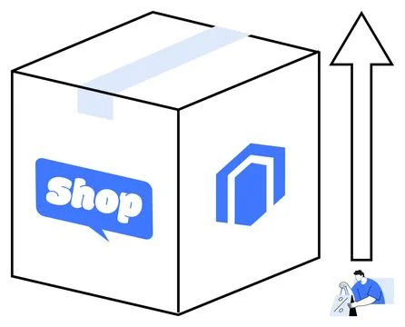 Box with shop text and geometric logo, upward arrow indicating growth or deli Stock Illustration