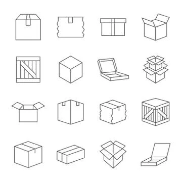 Box signs. Various boxes containers and boxes. line Icon set. Vector illustra Stock-Illustration
