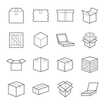 Box signs. Various boxes containers and boxes. line Icon set. Vector Stock-Illustration