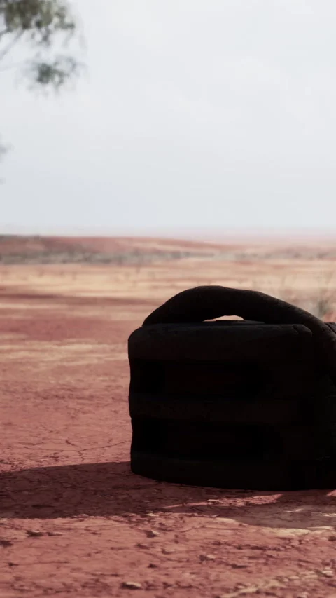 Box sits on dry earth in desolate landscape with few trees Stock Footage 340282849
