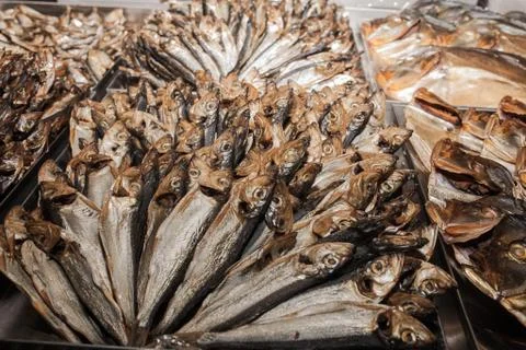 Box of smoked mackerel Stock Photos