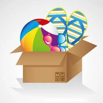 Box summer and beach objects isolated on white background Stock Illustration