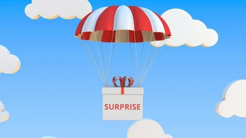 Box with SURPRISE text falls with a parachute. Loopable conceptual 3D animation Stock Footage 123534487